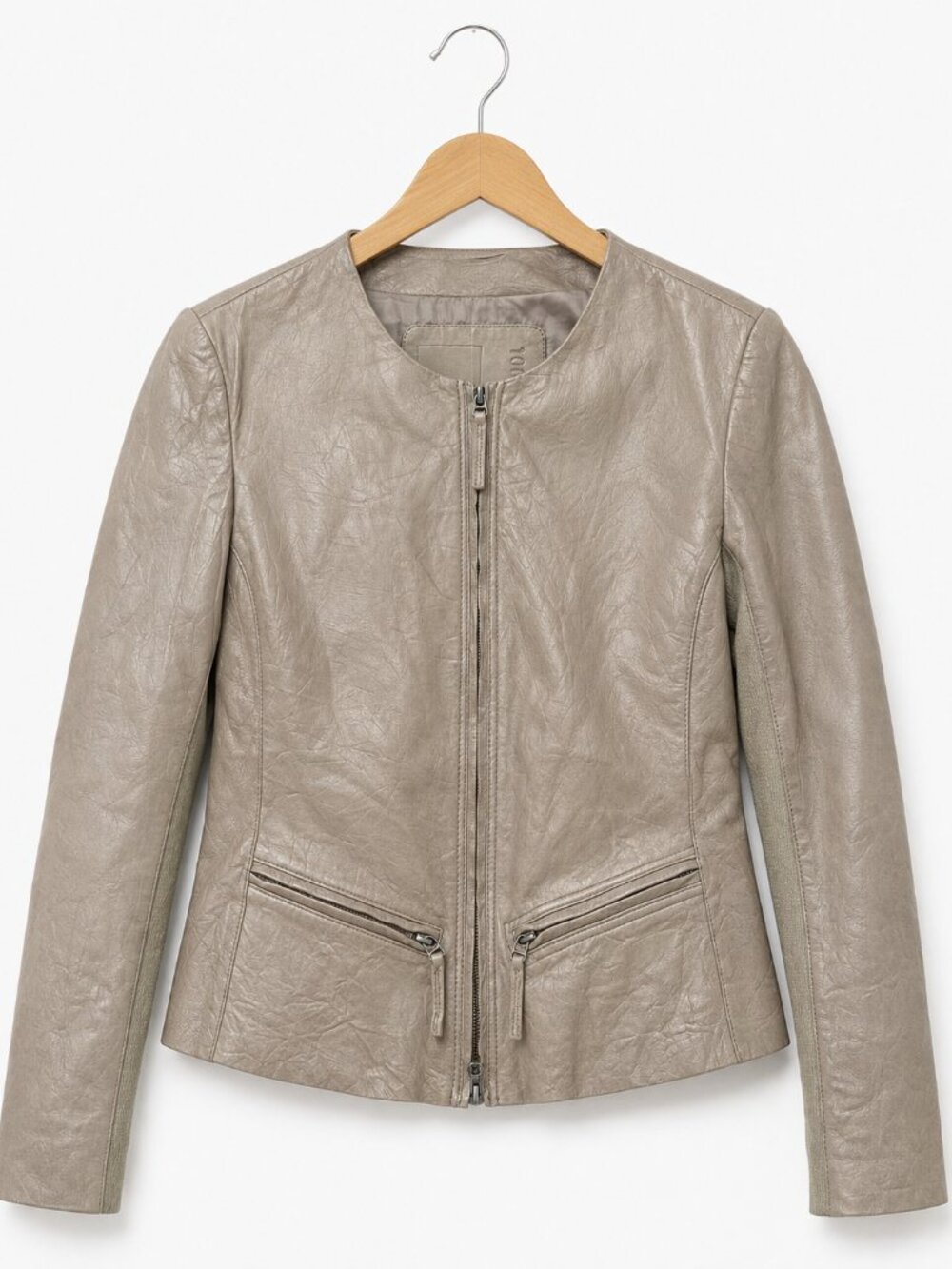 Cigno Nero Taupe Genuine Leather Moto Jacket Stretch Sleeve Panel Zip Front - Picture 2 of 5